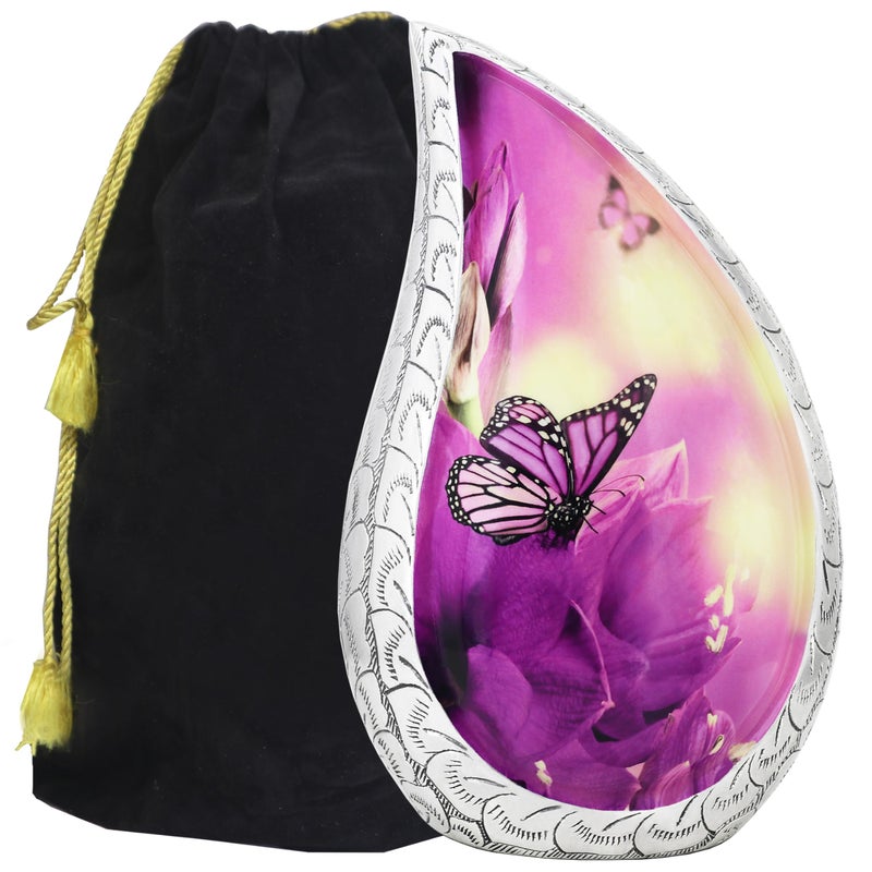 M MEILINXU Purple Butterfly Decorative Urn  Cremation Urns for Human Ashes - Display at Home or Niche  Engraved Aluminum Tear drop Urn for Ashes Adult Female & Male  Pink Tulips - Large Teardrop - Image 1